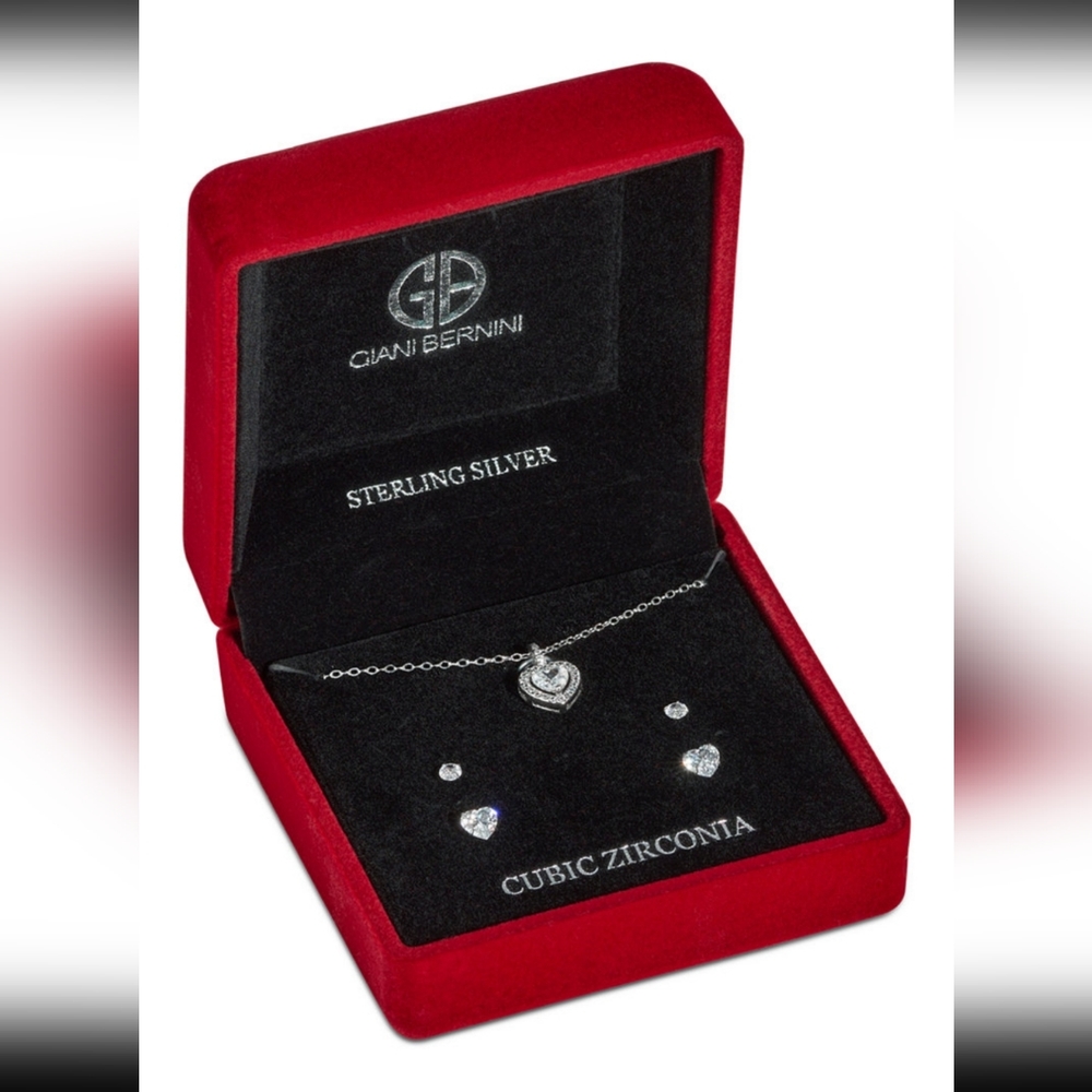 GIANA BERNINI 3 pc Sterling Silver Heart Necklace & Earrings Cubic Zirc…